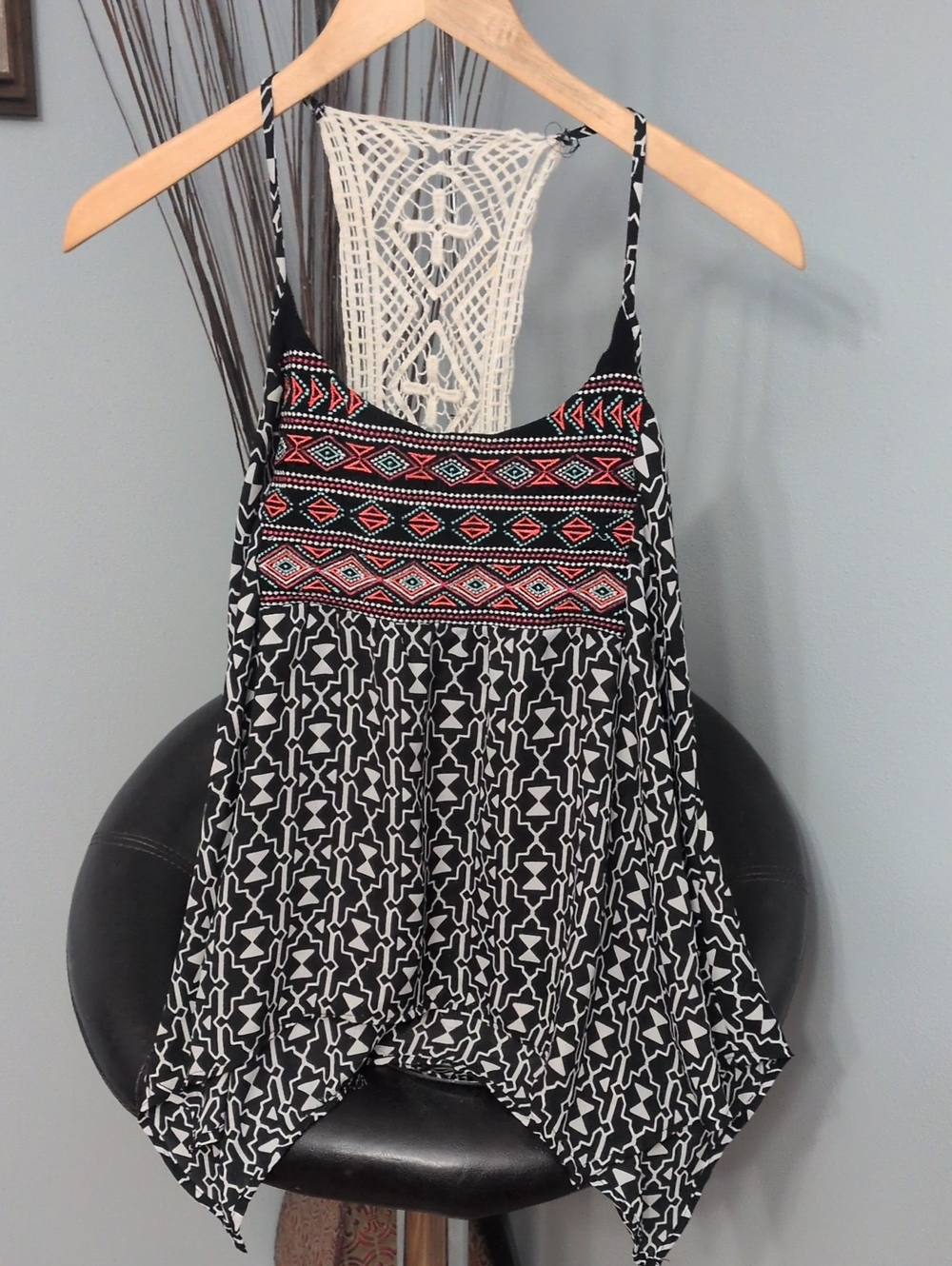 My Michelle Boho Black & White Printed Spaghetti Strap Top with Embroidered Yoke